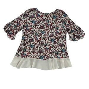 Jodifl Women Large Red Blue Floral Short Sleeve Ruffle Trim Tunic Top Gauzy Y2K